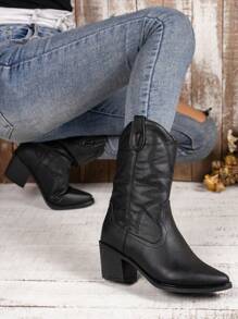 女式秋冬戶外優雅西部風格靴子，女性牛仔靴 - 黑色 - 查看 8