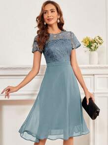 Contrast Lace A-line Dress - Dusty Blue - View 1