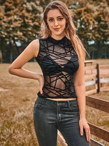 Top con estampado geométrico de malla de cuello alto transparente - Negro - Ver 6