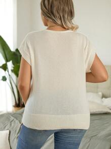 Calvaya Plus Button Detail Batwing Sleeve Pointelle Knit Top - White - View 2