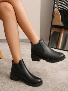 Botas cortas negras talla grande para mujer, con tacón grueso, suela robusta, estilo slip-on casual, en mezcla de tela y, tacón alto, para otoño/invierno hasta mitad de la pantorrilla - Negro - Ver 4