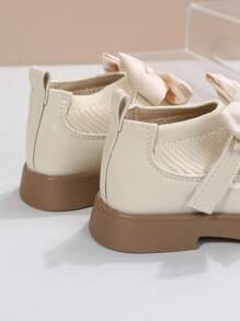 1pair Girls' Waterproof Pu Leather Mesh Bowknot High Top Flat Shoes With Cute And Sweet Design, Suitable For Spring, Summer And Autumn - Beige - View 2