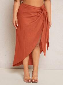 SHEIN SXY 大碼素色側打結圍裹下擺半身裙 - 棕色 - 查看 5