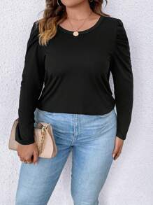 SHEIN LUNE 大碼素色泡泡袖T恤 - 黑色 - 查看 3