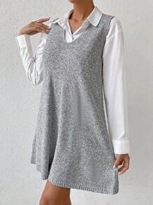 SHEIN LUNE 素色V領毛衣洋裝 - 灰色 - 查看 5