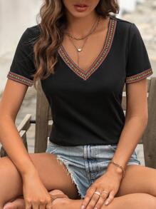 EMERY ROSE 拼接邊V領T恤