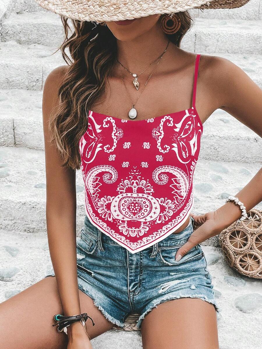 SHEIN VCAY In hoa Paisley Bandana Hem Cami ngọn - Màu Hồng Tươi - Xem 1