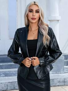 SHEIN Privé Double Breasted PU Coat - Black - View 1