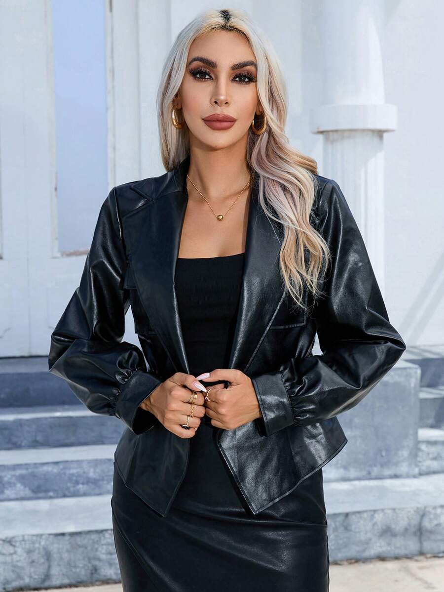 SHEIN Privé Double Breasted PU Coat - Black - View 1