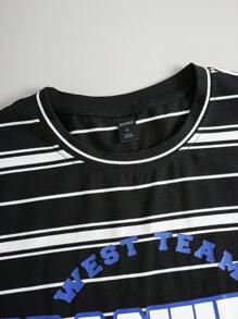 ROMWE MEN Prep 男士條紋和字母圖案T恤 - 黑與白 - 查看 5