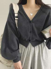 DAZY 纯色落肩罗纹针织纽扣前T恤长袖女式上衣短款女式上衣 - 深灰色 - 查看 5