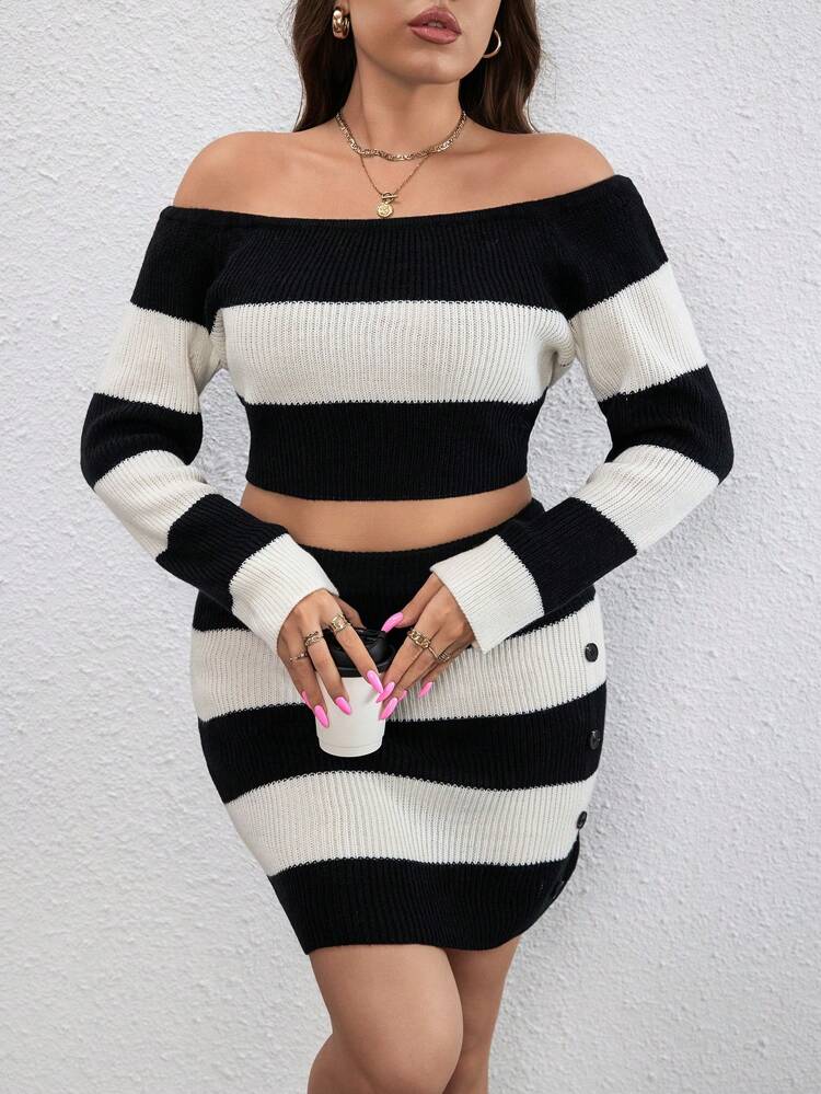 Plus Two Tone Off Shoulder Crop Sweater & Knit Skirt