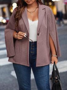 SHEIN Unity Plus Herringbone Print Cloak Sleeve Single Button Cape Coat - Red - View 4