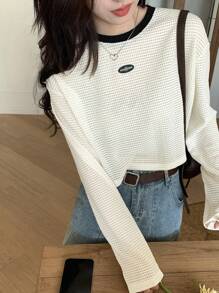 DAZY 拼接邊貼布細節落肩袖上衣 - 米色 - 查看 1