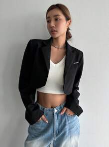 DAZY 字母貼布開門襟短版西裝 - 黑色 - 查看 3