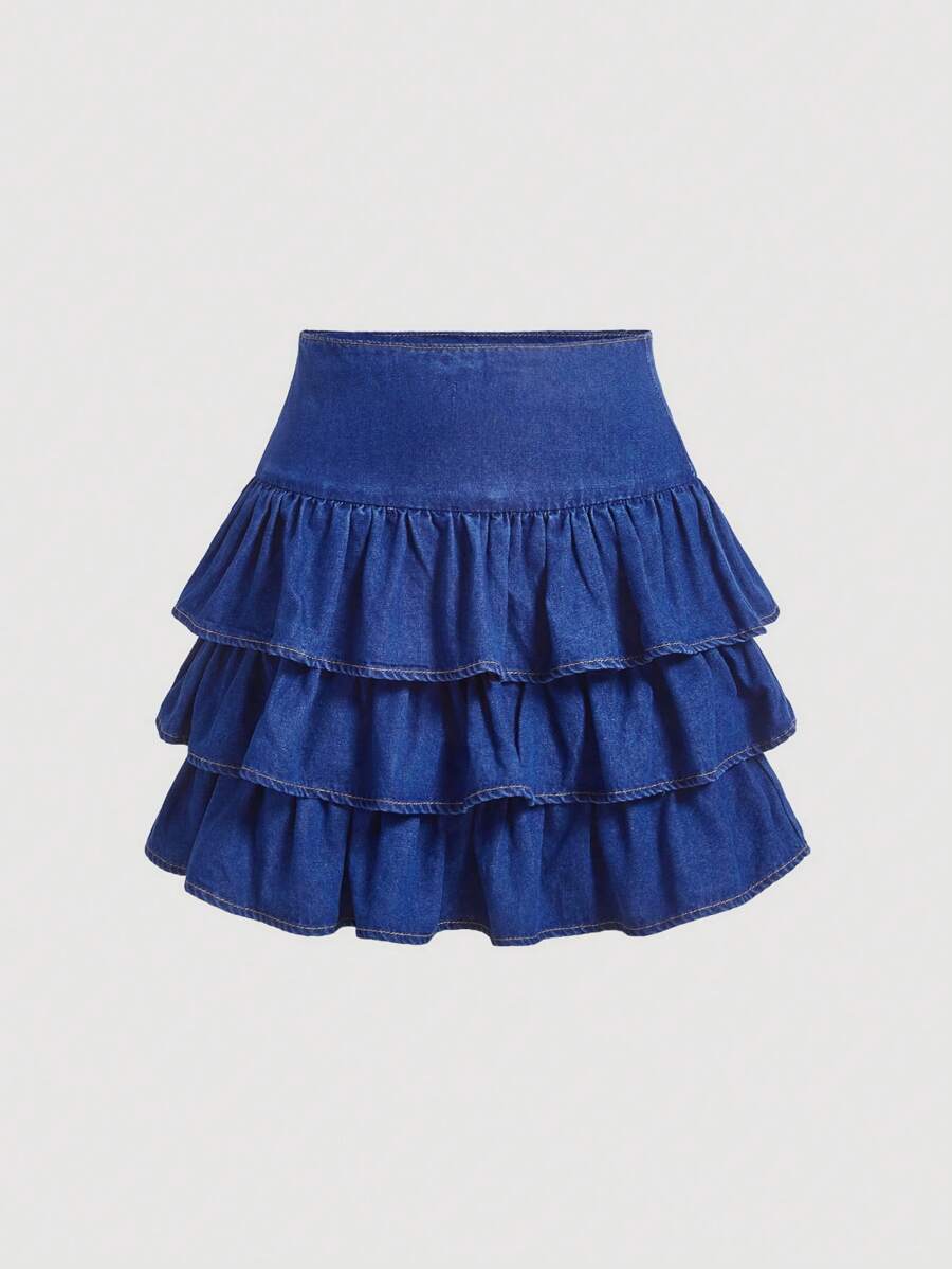 SHEIN MOD Layer Hem Denim Skirt - Medium Wash - View 1