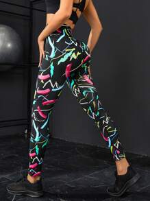 Sports Leggings mit All Over Print breitem Taillenband,