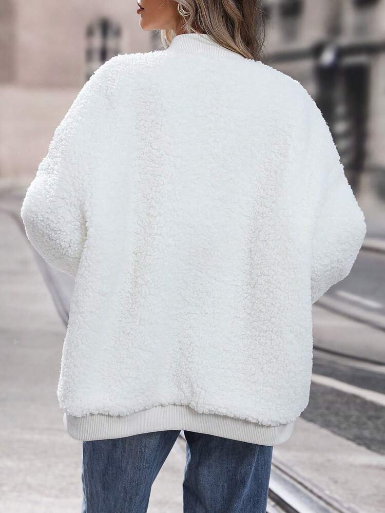 Letter Patched Striped Side Seam Drop Shoulder Teddy Bomber Jacket Fall Cloth For Women