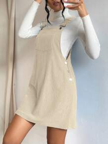 SHEIN EZwear Váy liền quần túi vá không có áo len, nút cài thường ngày cho nữ, dây đeo không tay túi vừa vặn màu mơ ngắn, yếm trơn cho nữ, váy ngắn mùa xuân/thu, trang phục thường ngày thường ngày - Màu be - Xem 3