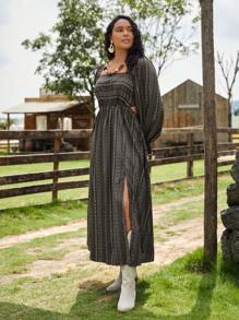 SHEIN VCAY Plus Geo & Striped Print Square Neck Flare Sleeve Split Thigh Dress - Multicolor - View 5