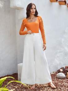 SHEIN Clasi 素色闊腿褲 - 白色 - 查看 4