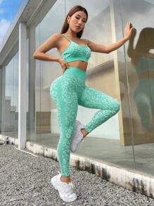 Easithlete Leopard Print Wide Waistband Sports Set Workout Women Set Women Leggings Set - Green - View 5