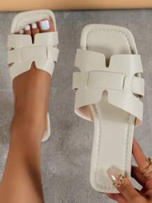 女士們休閒夏天舒服的時髦平底涼鞋 - 米色 - 查看 1