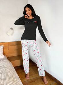 EURMUSE Heart & Slogan Graphic PJ Set - Black and White - View 4