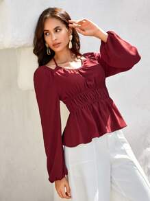 Bohemela Solid Lantern Sleeve Peplum Blouse - Burgundy - View 4