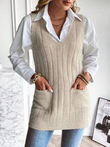 EMERY ROSE Dual Pocket Sweater Vest Without Blouse - Apricot - View 4