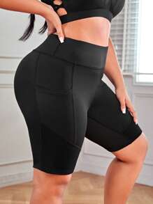 SHEIN Yoga Basic Plus Solid Wideband Waist Sports Shorts With Phone Pocket - Black - View 4