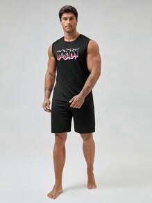 Men Letter Graphic Lounge Set - Black - View 6