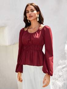 Bohemela Solid Lantern Sleeve Peplum Blouse - Burgundy - View 3