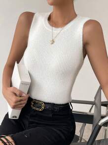 SHEIN Unity Chất rắn Đồ đan Ribbed Áo ba lỗ - trắng - Xem 3