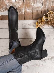 女式秋冬戶外優雅西部風格靴子，女性牛仔靴 - 黑色 - 查看 7