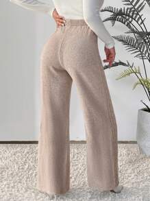 SHEIN LUNE Drawstring Waist Wide Leg Knit Trousers - Khaki - View 2