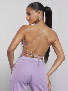 SHEIN Unity 亮片系带露背蝴蝶上衣 - 彩色 - 查看 2