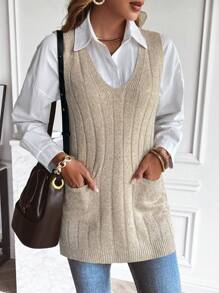EMERY ROSE Dual Pocket Sweater Vest Without Blouse - Apricot - View 1