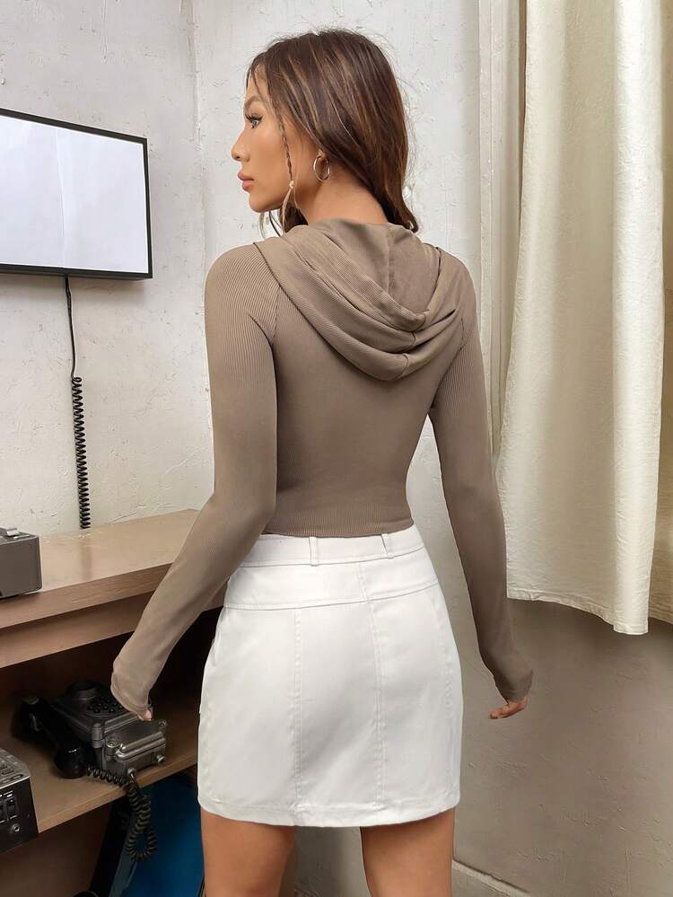 Solid Drawstring Hooded Sweatshirt & Flap Pocket Skirt