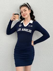 青少年女孩字母圖案褶邊連衣裙 - 藏蓝色 - 查看 1