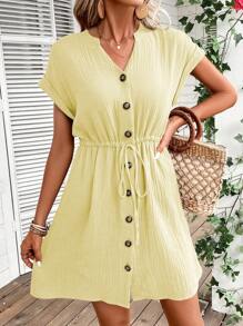 SHEIN LUNE 素色前紐扣腰部抽繩A字洋裝 - 黃色 - 查看 4