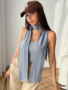 SHEIN EZwear 素色短款抹胸針織上衣帶圍巾 - 灰色 - 查看 5