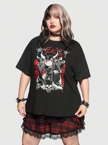 ROMWE Anime 加上人物和骷髅印花落肩夏季 T 恤，学校 - 黑色 - 查看 4