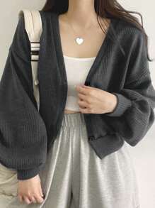 DAZY 纯色落肩罗纹针织纽扣前T恤长袖女式上衣短款女式上衣 - 深灰色 - 查看 1