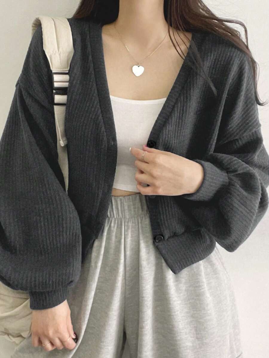 DAZY 纯色落肩罗纹针织纽扣前T恤长袖女式上衣短款女式上衣 - 深灰色 - 查看 1