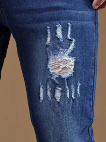 Manfinity Homme Men Ripped Frayed Bleach Wash Skinny Jeans - Dark Wash - View 6