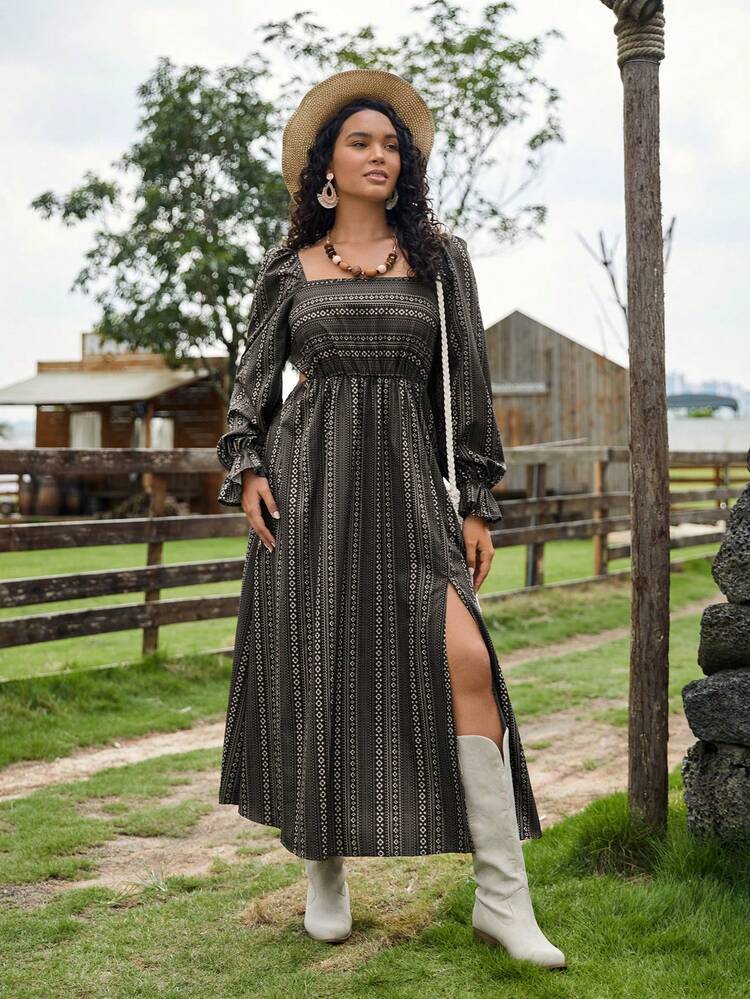 Plus Geo & Striped Print Square Neck Flare Sleeve Split Thigh Dress