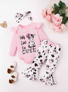 SHEIN 女嬰奶牛&標語圖案荷葉邊連身背心&喇叭褲＆ 頭巾 - 彩色 - 查看 1