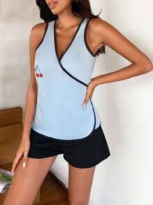 RueChic Cherry Print Contrast Binding Lounge Set - Blue - View 4