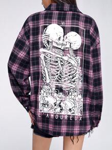 Y2Kool Deniart Camisa de algodón con estampado de calavera oscura y estampado de cuadros, para vacaciones, vacaciones, primavera y verano, playa, festival, ajustes de Ibiza, ropa occidental, salida, colección de ropa de otoño e invierno, atuendos de Año Nuevo